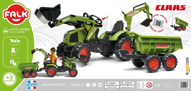 Trattore a pedali Claas Axos - con benna anteriore e posteriore + rimorchio