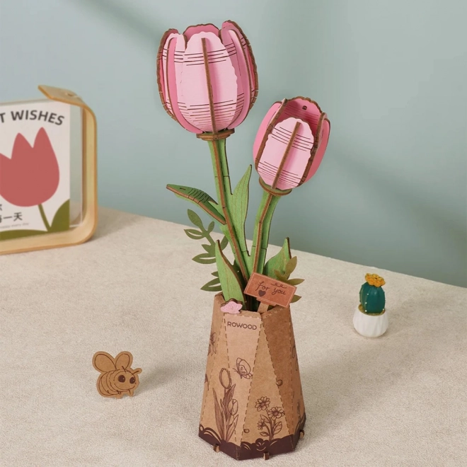 Puzzle 3D in legno tulipano rosa