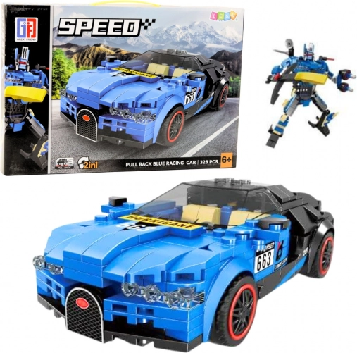Set di costruzione 2-in-1 robot e auto da corsa, 328 pezzi, blu