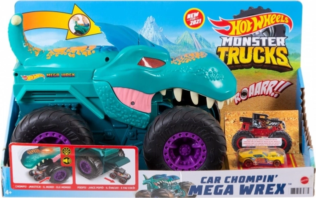 hot wheels monster trucks car chompin’ mega wrex dino truck 1:64