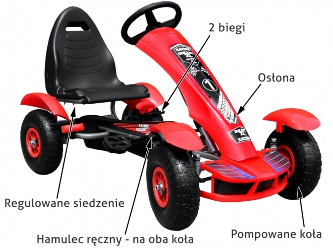 Kart da corsa a pedali XL per bambini 3+ Rosso + Ruote gonfiabili + Sedile regolabile + Ruota libera