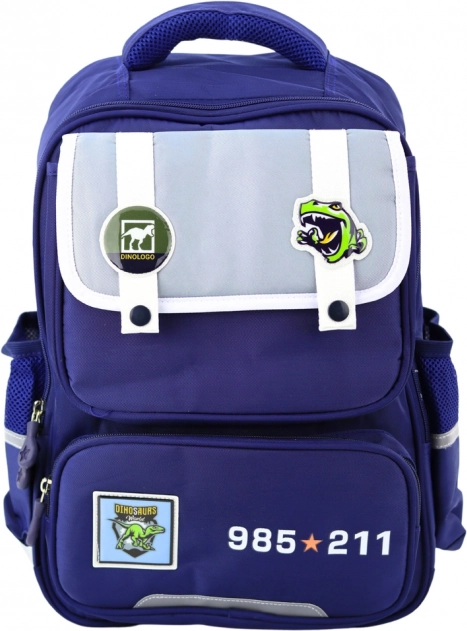 Zaino scolastico per bambini con toppe di dinosauri, blu navy