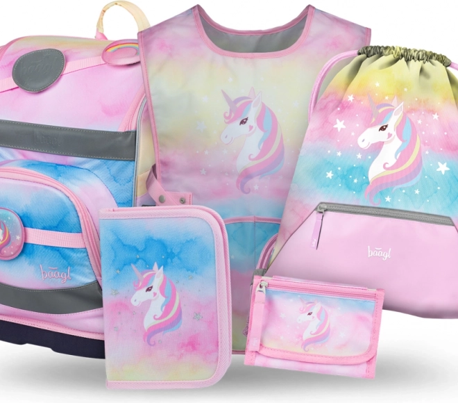 Set Baagl Zippy Plus Unicorn Arcobaleno: zaino, astuccio, sacchetto, grembiule, portafoglio