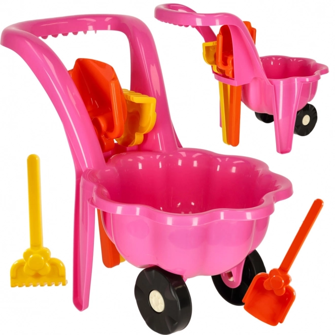 Carriola rosa per bambini con set da giardino margherita