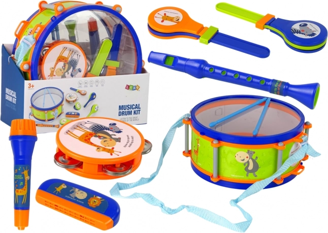 Strumenti musicali per bambini - Set tamburo, tamburello, flauto, sonaglio, fisarmonica, animali