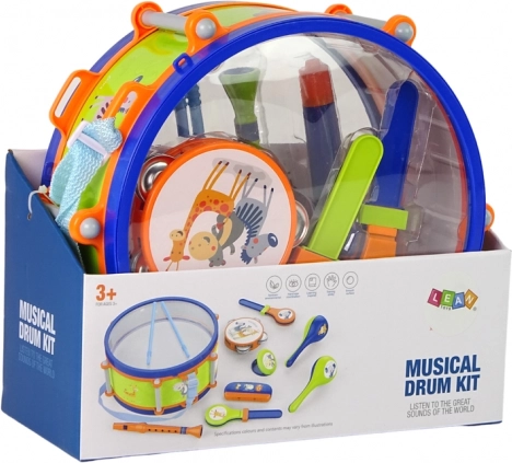 Strumenti musicali per bambini - Set tamburo, tamburello, flauto, sonaglio, fisarmonica, animali