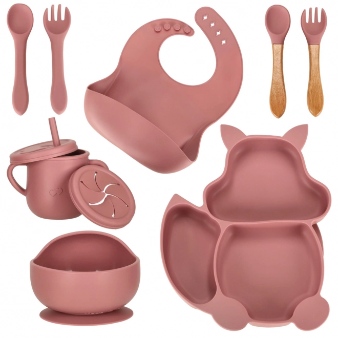 Set di stoviglie in silicone per bambini Scoiattolo, 9 pezzi, rosa scuro