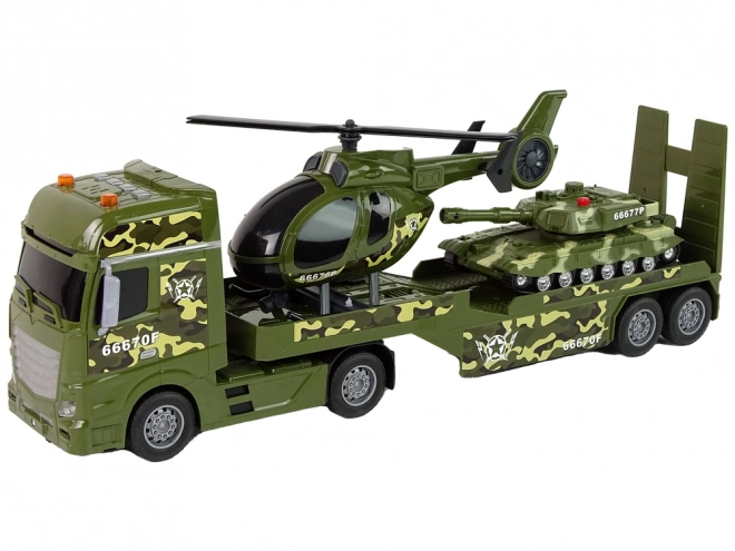 Set militare con carro armato a frizione, elicottero e camion