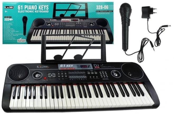 Keyboard musicale nero con microfono e alimentatore