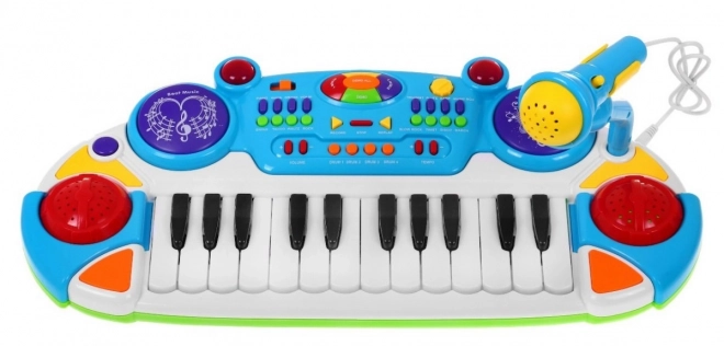 Set musicale azzurro tastiera con tamburi e microfono per bambini 3+ con luci e suoni