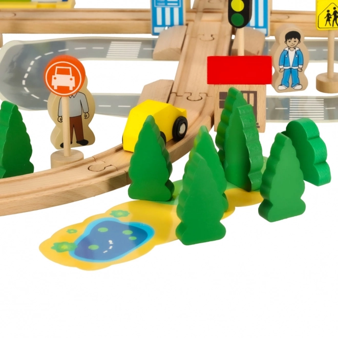 Set ferroviario in legno con locomotiva e stazione - 50 pezzi