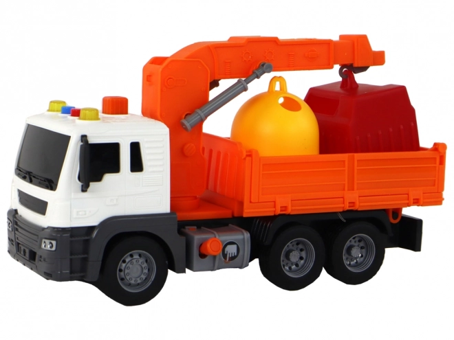 Camion dei rifiuti con gru e frizione arancione 1:16