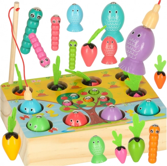 Gioco di pesca e raccolta carote e vermi in legno Montessori