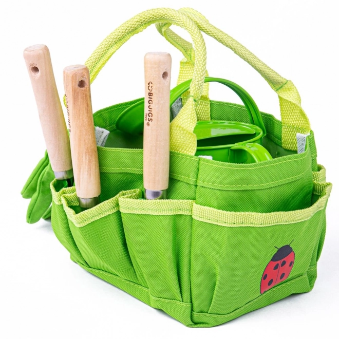 Set di attrezzi da giardino Bigjigs Toys in borsa di tela verde