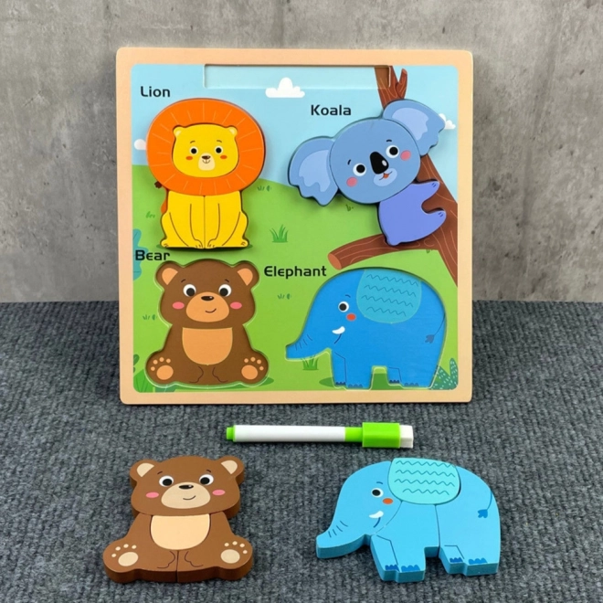 Puzzle educativo in legno Animali con lavagna per disegnare