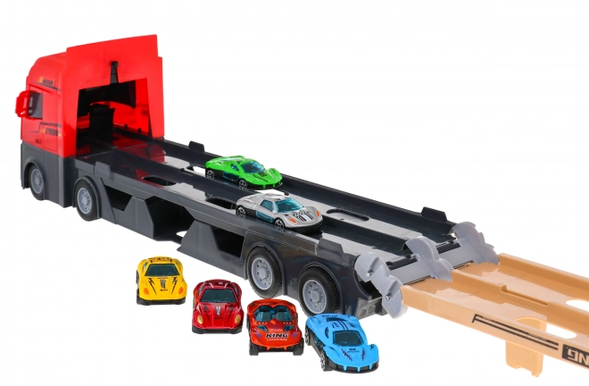 Set 3 in 1 Camion Con Rimorchio + Auto da Corsa per Bambini 3+ Pista con Catapulta