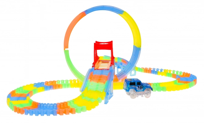 Pista da corsa fluorescente per bambini con auto LED e loop 360