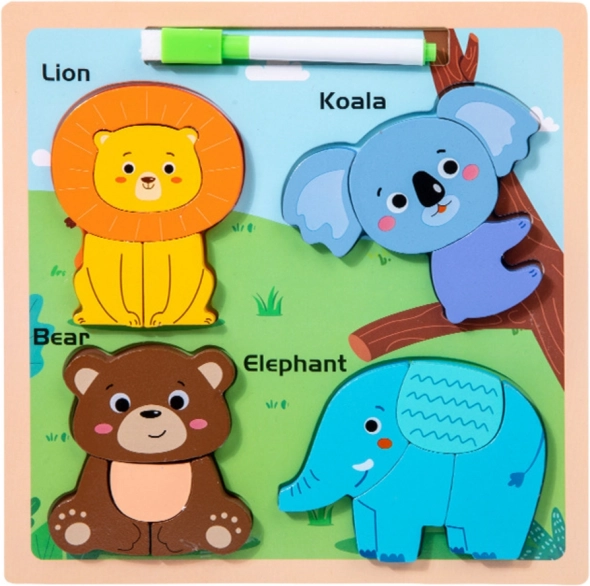 Puzzle educativo in legno Animali con lavagna per disegnare