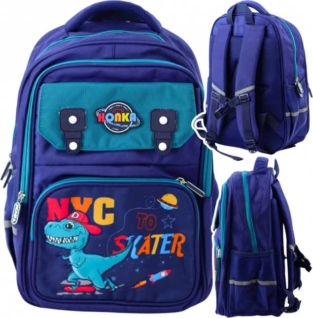 Zaino scolastico per bambini con motivo dinosauri, blu navy 41x30x16 cm