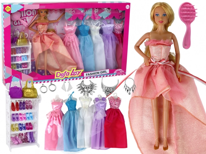 Bambola bambina Capelli biondi lunghi Armadio Scarpe Abiti Accessori Rosa