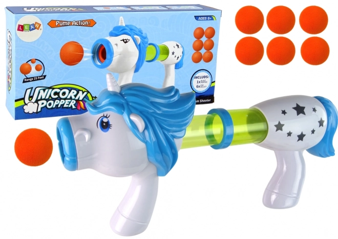 Pistola lancia morbide palline Unicorno Blu