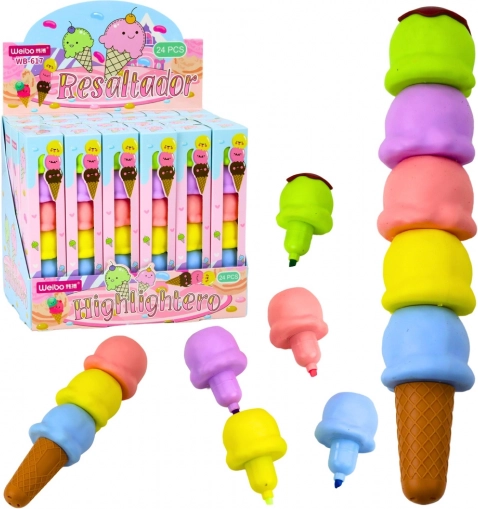 Evidenziatori pastello a forma di gelato, 5 colori, 18 cm