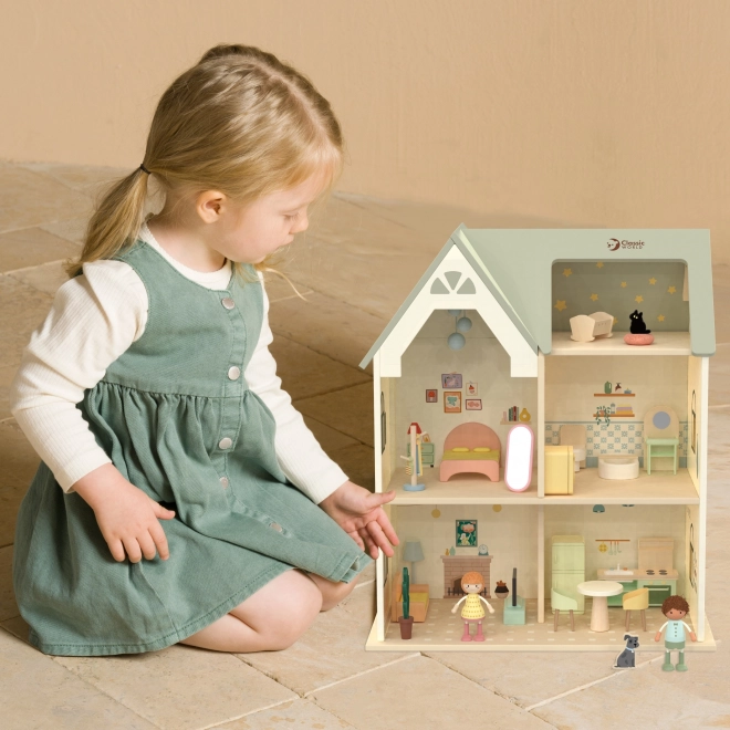 Grande casa delle bambole in legno con mobili