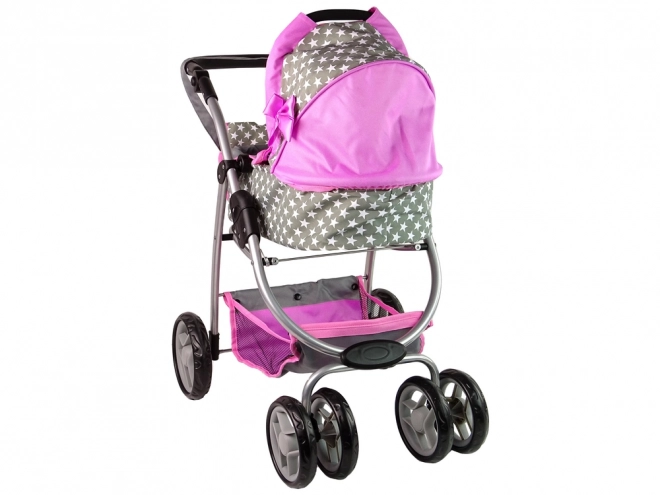 Passeggino per bambole 2 in 1 con borsa rosa stelle