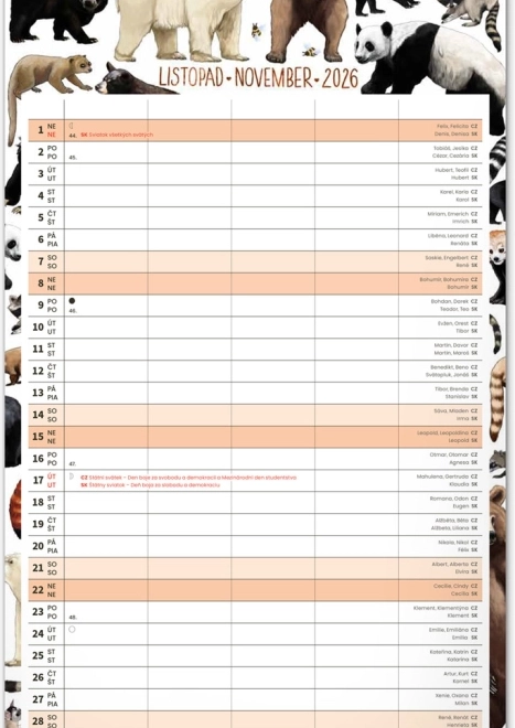 Calendario da parete Pianificatore per Famiglie 2026 con illustrazioni di Animalium