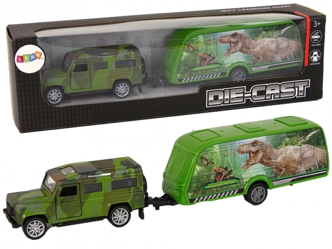 Set di veicoli Jeep con rimorchio e dinosauri