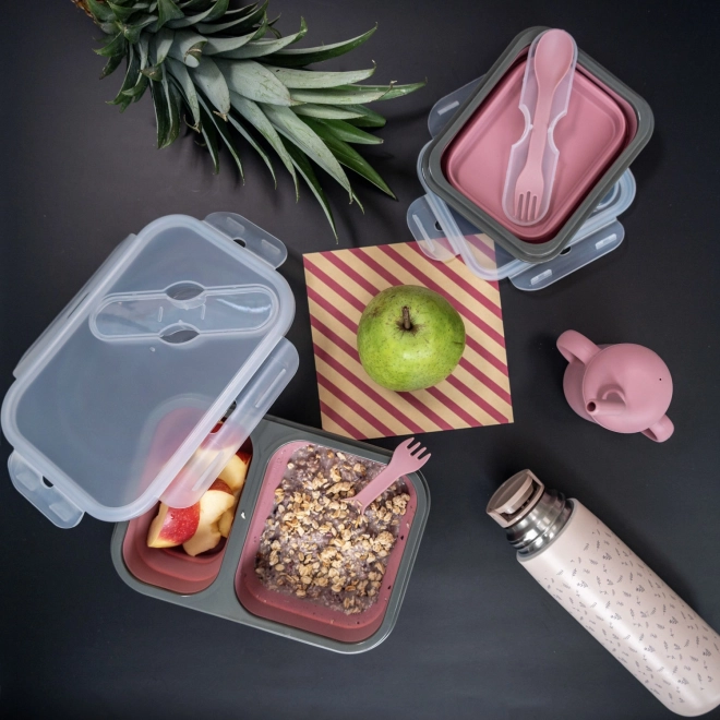 Scatola porta pranzo in silicone con posate Old Pink grande