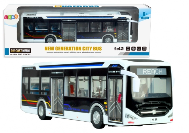 Autobus cittadino elettrico in metallo bianco con luci 1:42