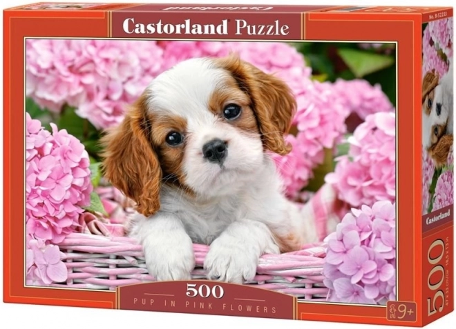 Puzzle 500 pezzi Cucciolo tra fiori rosa