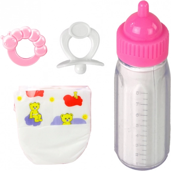Set di accessori per bambole con biberon, ciuccio, pannolino e sonaglio