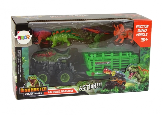 Veicolo con tema dinosauro con rimorchio e 4 dinosauri