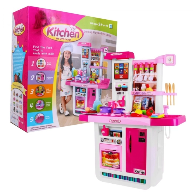 Grande cucina interattiva blu per bambini 3+ con fornelli, rubinetto e pannello audio – rosa