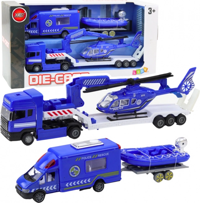 Set di veicoli di soccorso con elicottero della polizia blu