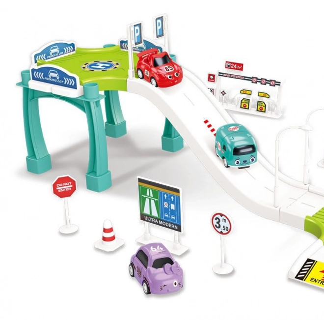 Parcheggio e Stazione di Servizio WOOPIE con Segnaletica e 3 Auto