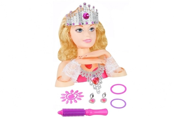 Testa di bambola per styling con corona e accessori