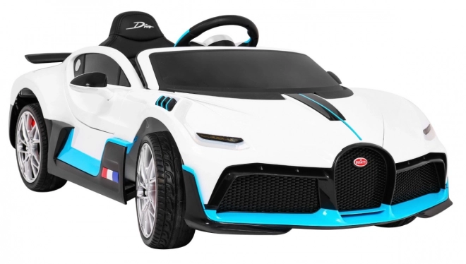 Bugatti Divo Macchinina a batteria per bambini bianca + telecomando + EVA + avvio lento + LED MP3