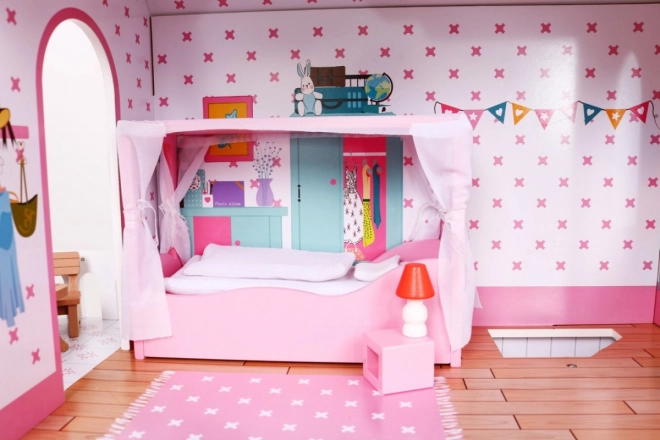 Casa delle bambole in legno Rosa per bambini 3+ con arredi e mobili