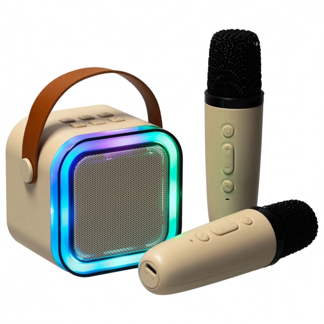 Set karaoke con due microfoni e altoparlante portatile Bluetooth LED beige