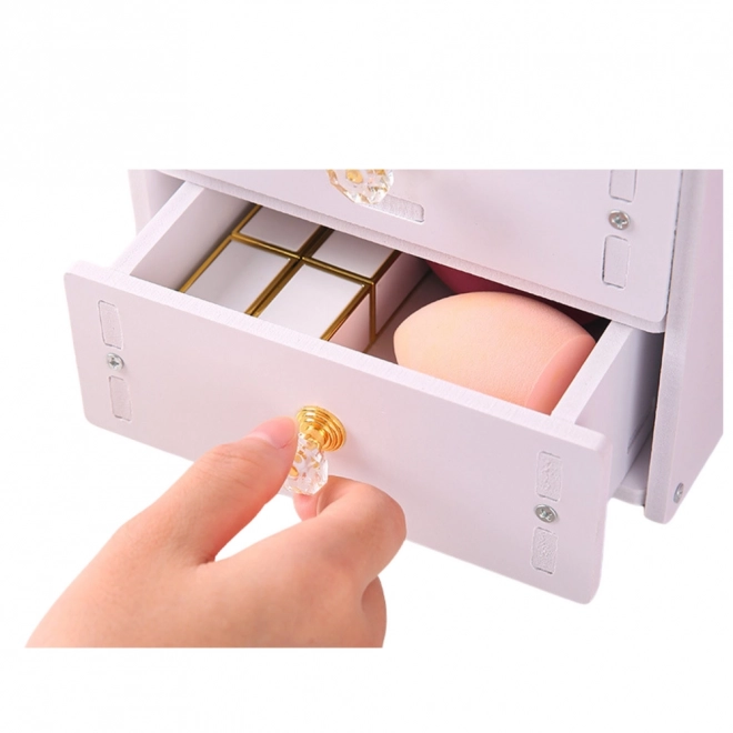 Toeletta specchio da trucco con cassetto e orecchie in legno bianca