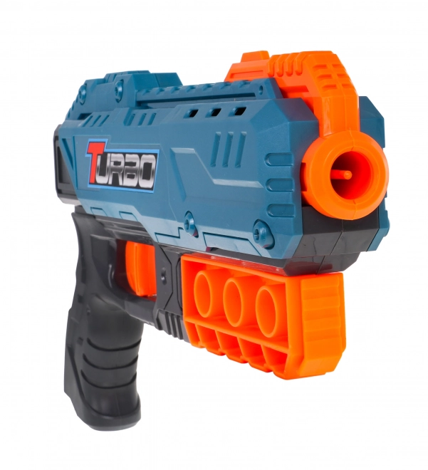 Pistola Turbo per bambini 8+ blu con 6 proiettili sicuri e meccanismo manuale