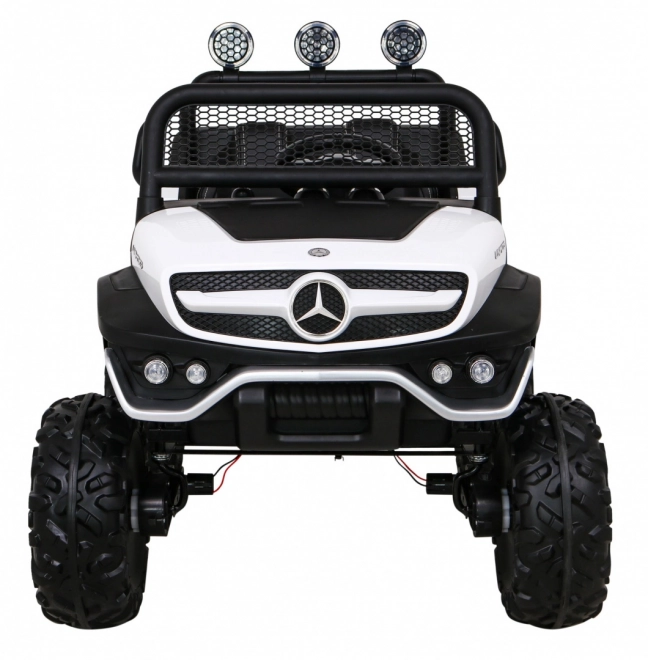 Mercedes Benz Unimog per bambini bianco + trazione 4x4 + telecomando + portabagagli + partenza lenta + MP3 LED