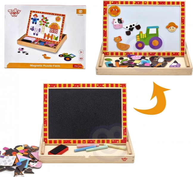 Lavagna doppia in legno Tooky Toy con puzzle magnetici della fattoria
