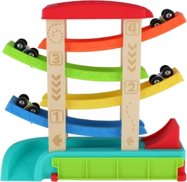 Pista a cascata per macchinine con 4 veicoli, legno e plastica, 33 × 32 × 10 cm