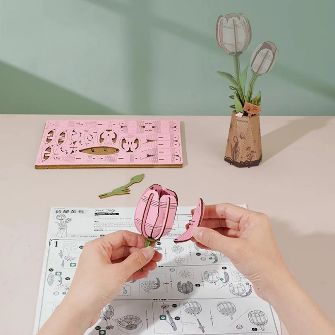 Puzzle 3D in legno tulipano rosa