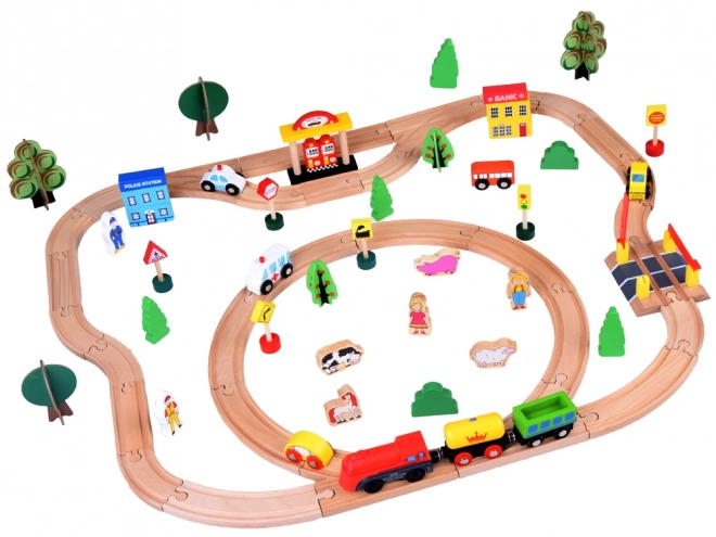 Grande set di trenini in legno con locomotiva a batteria e figure