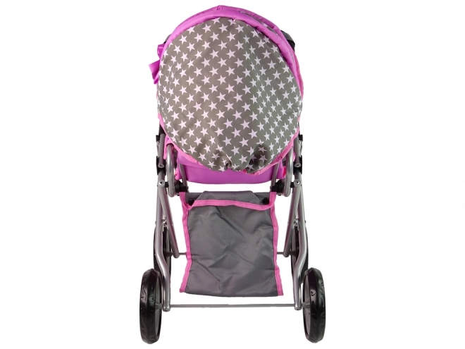 Passeggino per bambole 2 in 1 con borsa grigio e rosa stelle